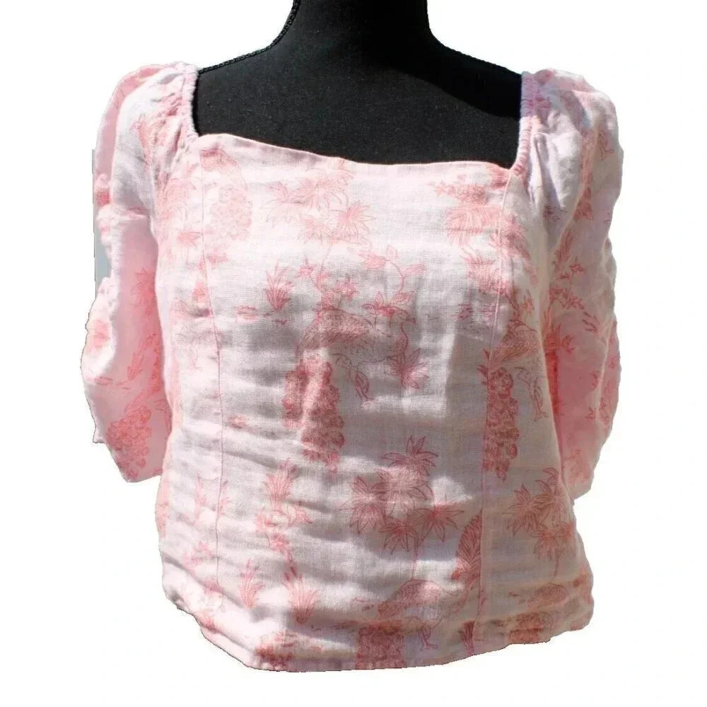 Cynthia Rowley Women's Pink Short Sleeve 100% Linen Smocked Blouse BOHO NWT L